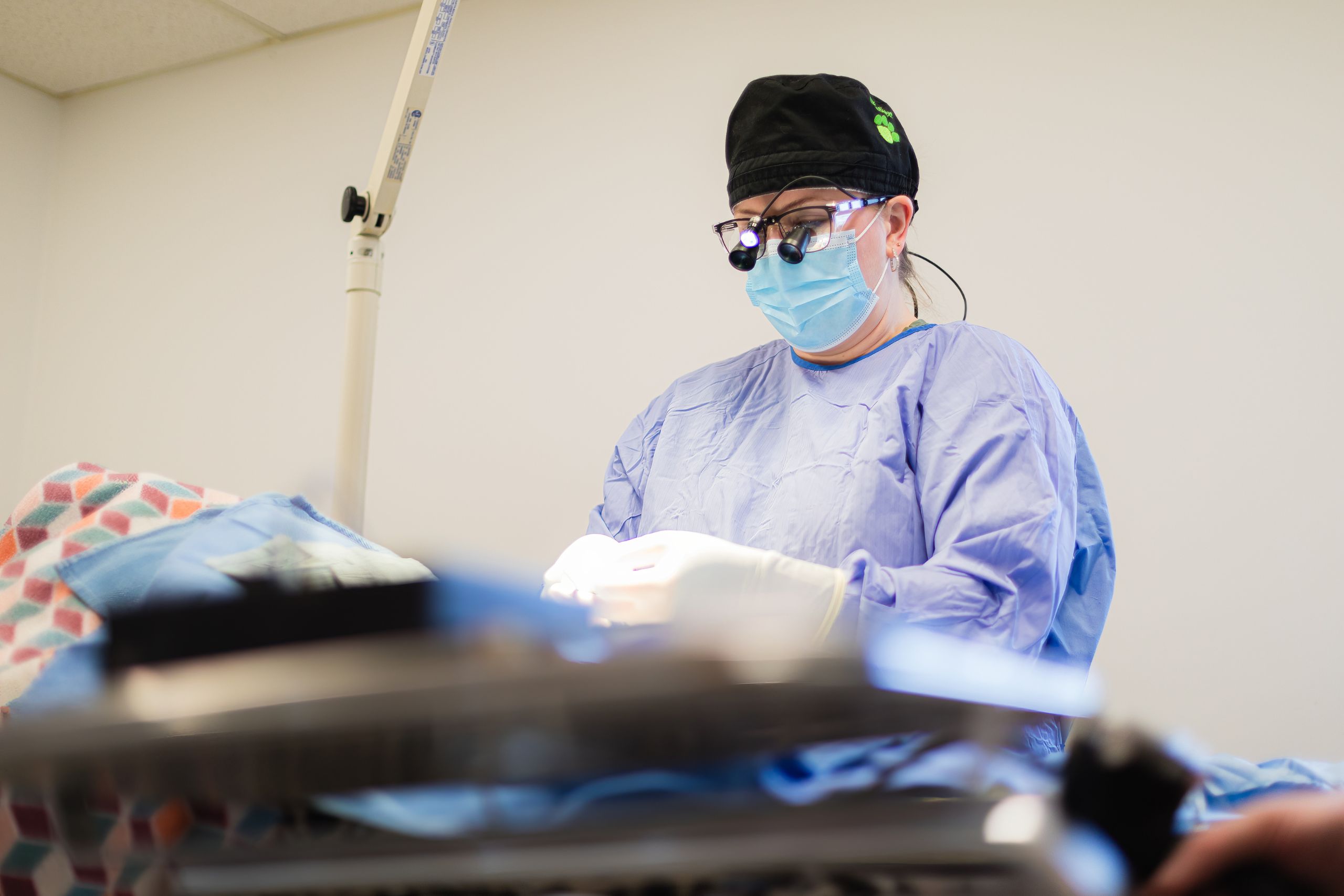 A surgeon in a surgical gown and mask preparing for an operation.